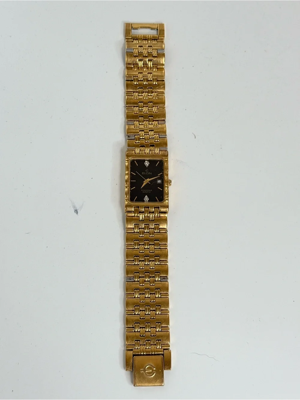 Elgin vintage 80s Gold-Tone Diamond Quartz Dress Watch - Black Dial